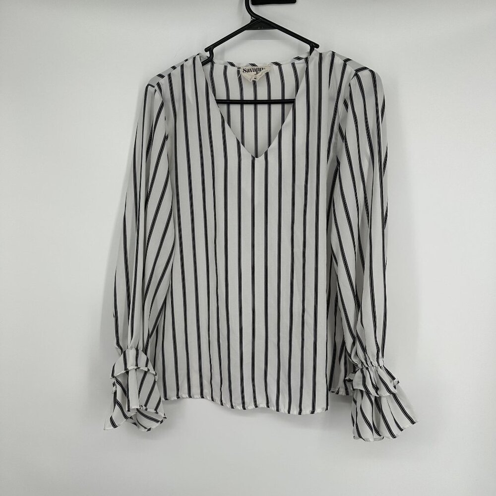 Savanna Jane Women's Stripe Blouse Size Medium Ruffle Sleeve V-neck‎